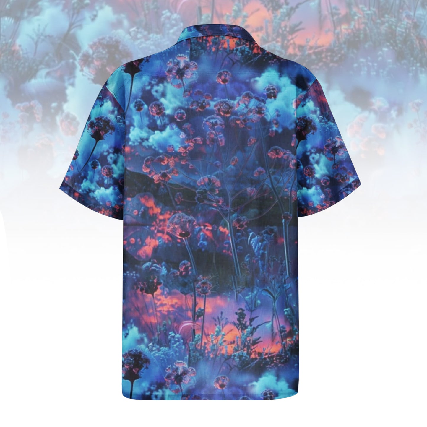 Blueberry Wishes Hawaiian Shirt For Men Women featuring a dreamy abstract floral print in blue, purple, and orange hues. Front and back view of the short-sleeve button-up shirt