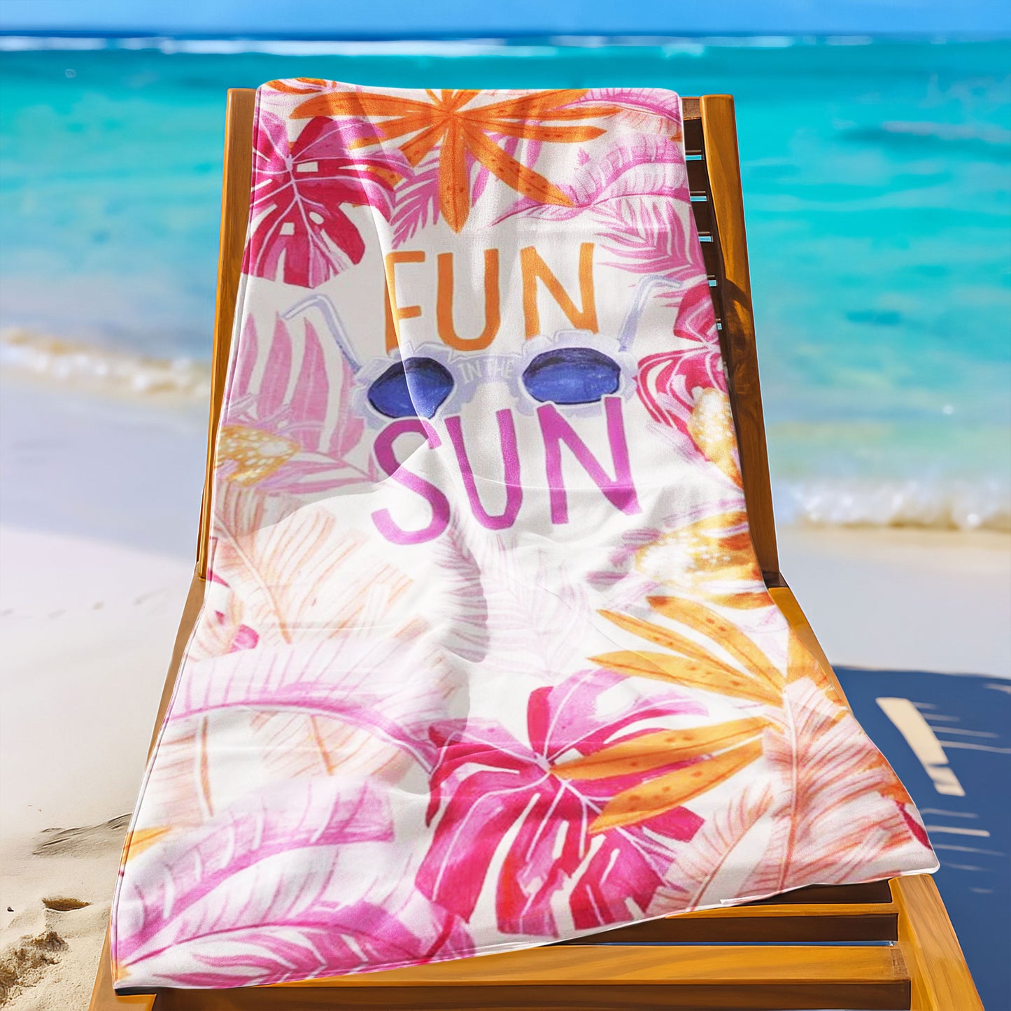 "Fun in the Sun" Tropical Leaves Beach Towel with a white background, vibrant pink and orange tropical leaves, large "FUN IN THE SUN" text, and sunglasses on a beach with ocean background.