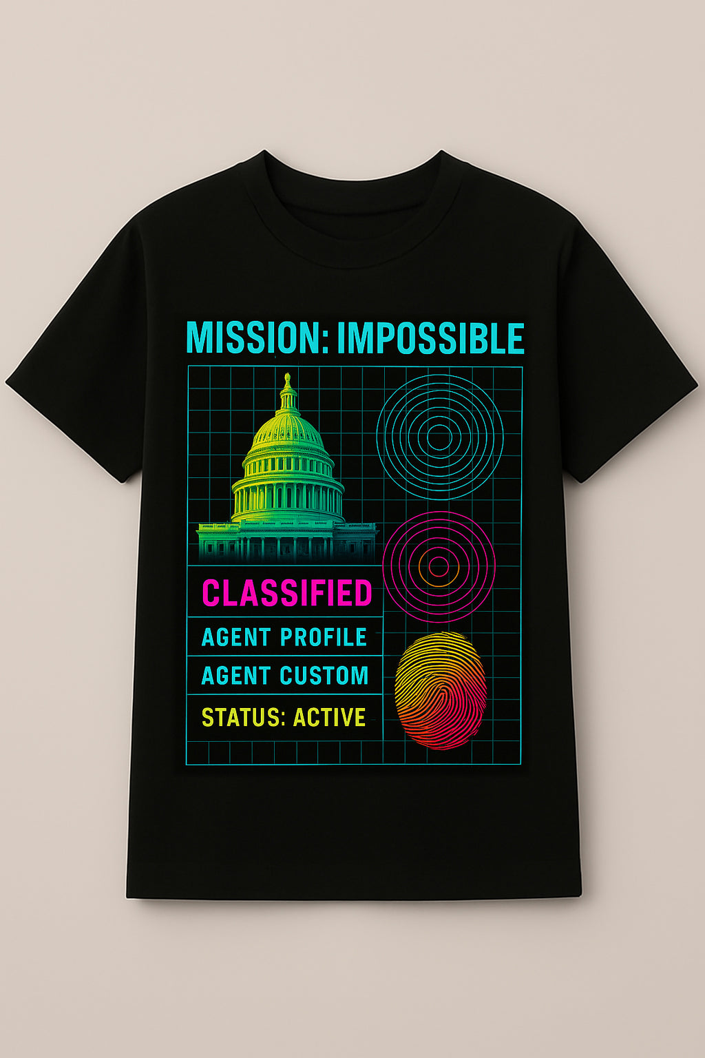 Men’s Black Graphic Cotton T-Shirt with Vibrant Classified Agent Profile Design for Spy and Adventure Fans