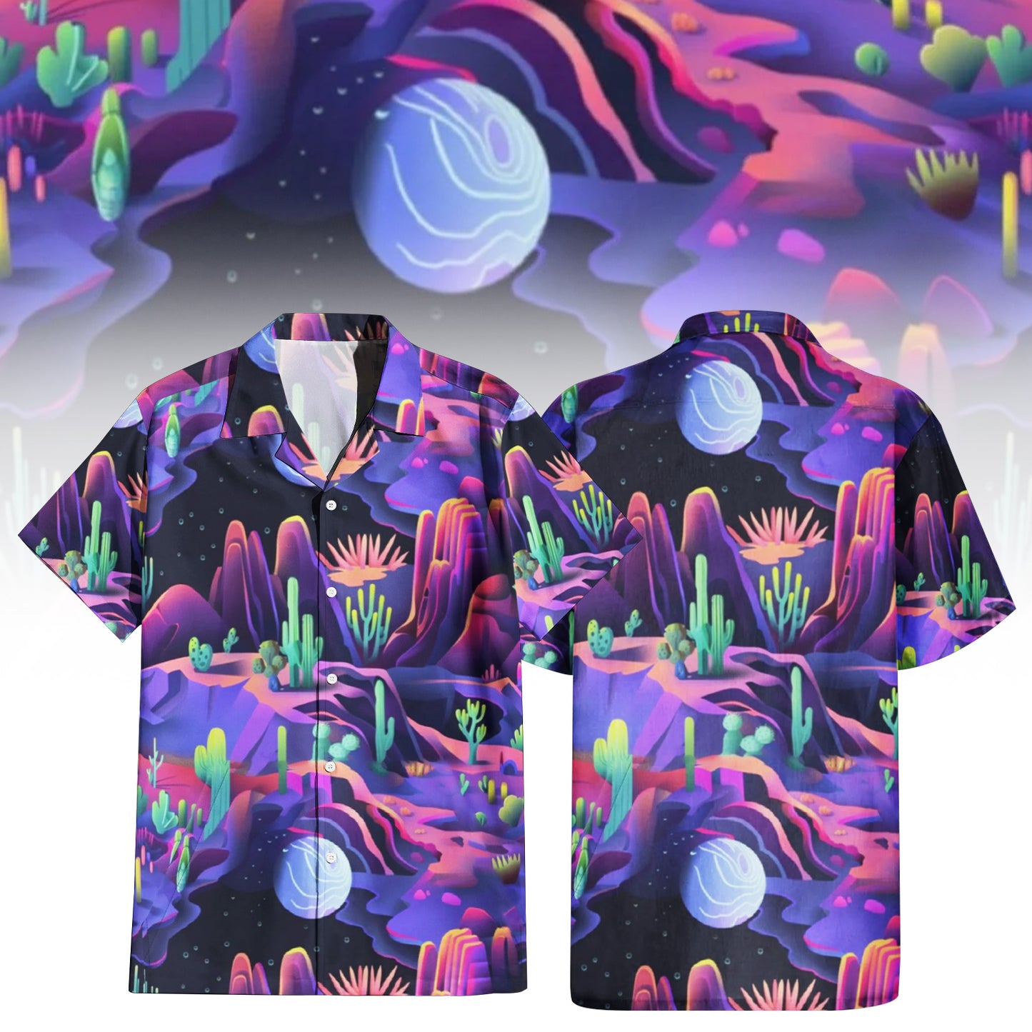 Cosmic Desert Landscape Men's Hawaiian Shirt with psychedelic alien planet print.