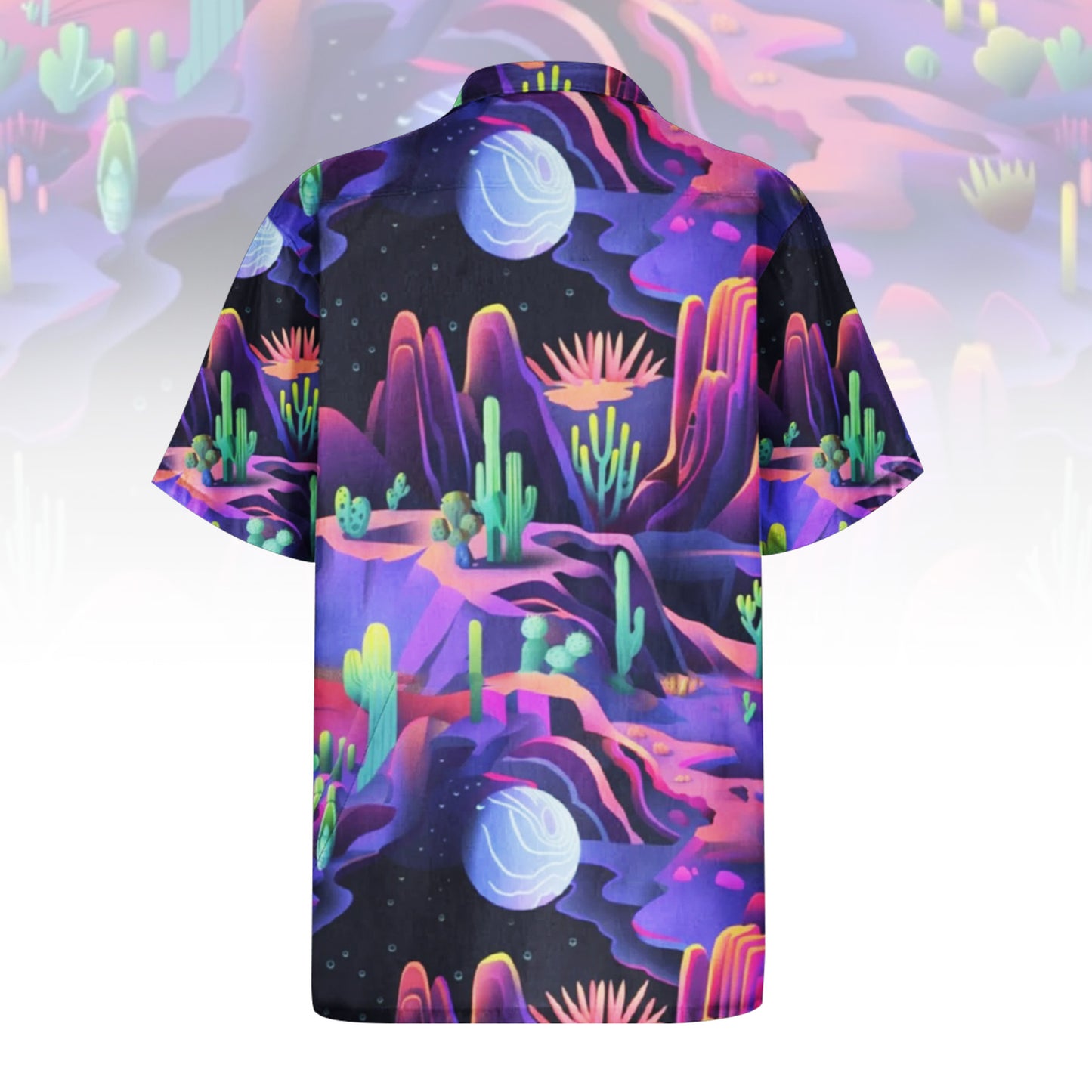 Cosmic Desert Landscape Men's Hawaiian Shirt with psychedelic alien planet print.