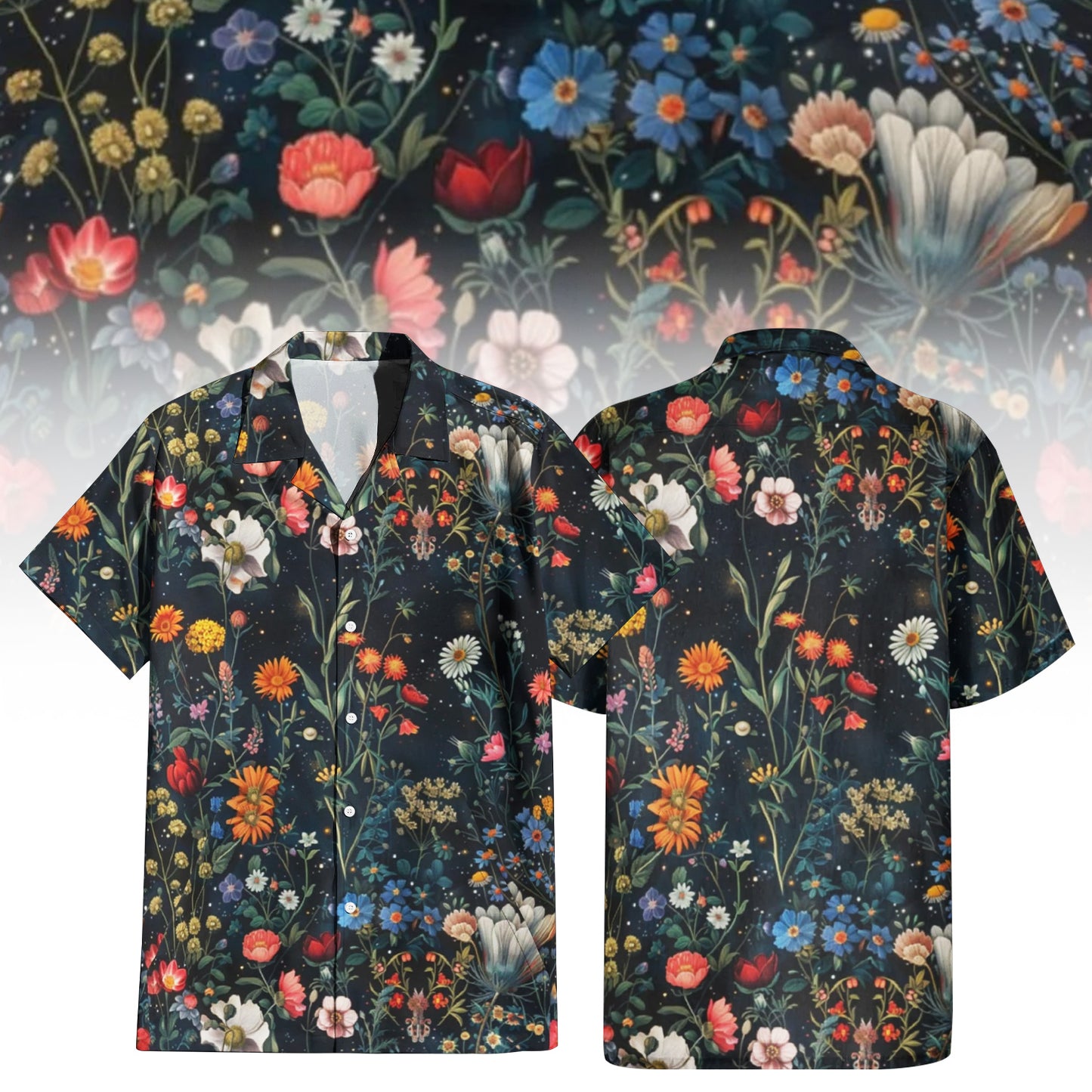 Dark Floral Garden Men's Hawaiian Shirt with rich botanical print.