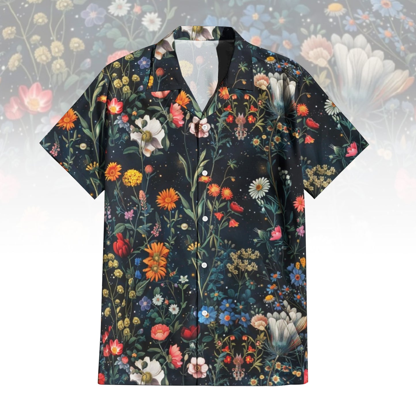 Dark Floral Garden Men's Hawaiian Shirt with rich botanical print.