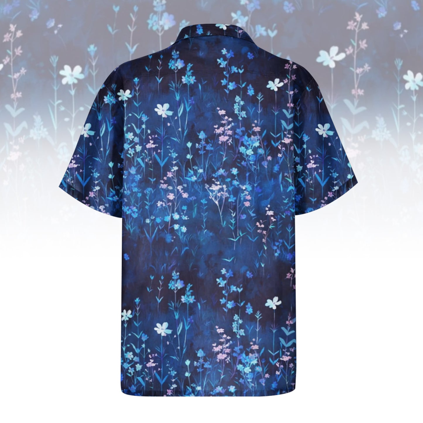 Midnight Bloom Hawaiian Shirt for Men & Women with subtle blue wildflower print