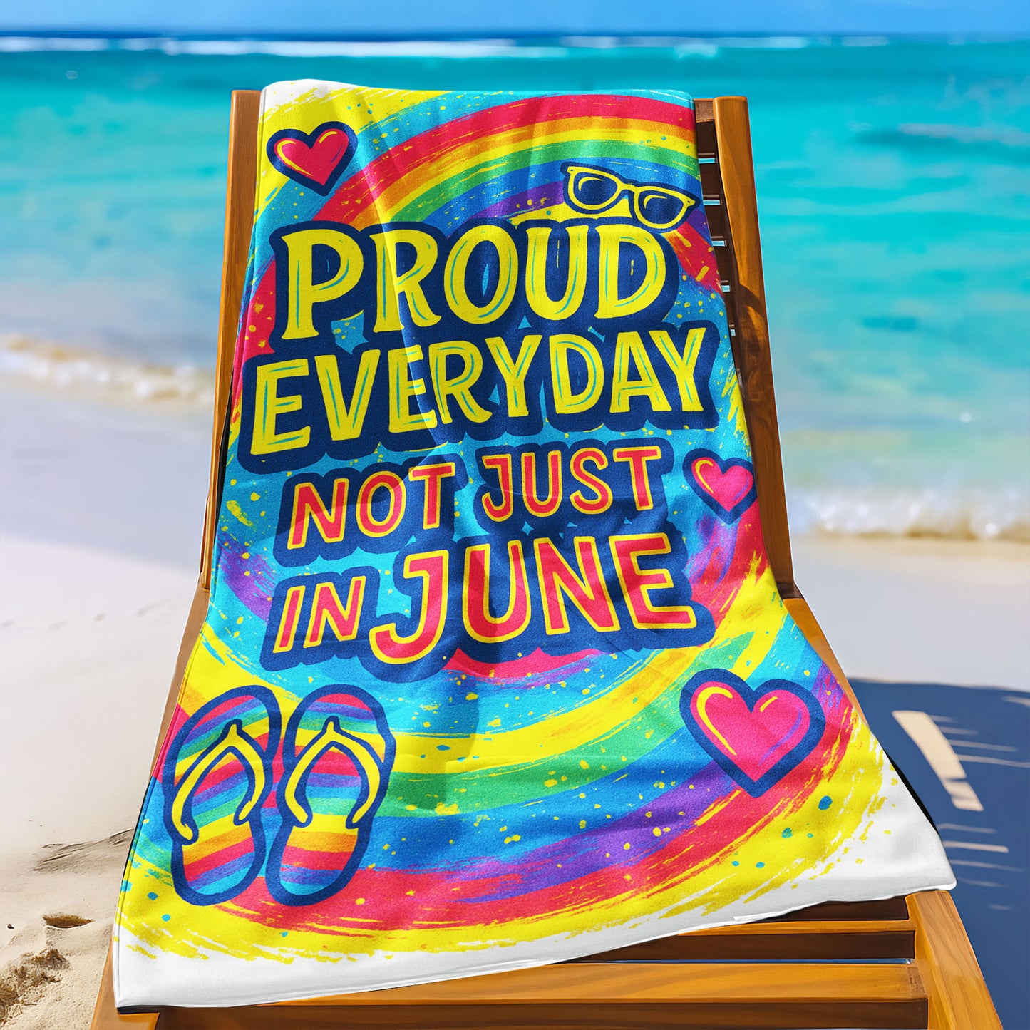 A person holding up a vibrant rainbow-colored beach towel with the bold yellow and pink text "PROUD EVERYDAY NOT JUST IN JUNE" along with hearts, sunglasses, and rainbow flip-flops, on a sunny beach.