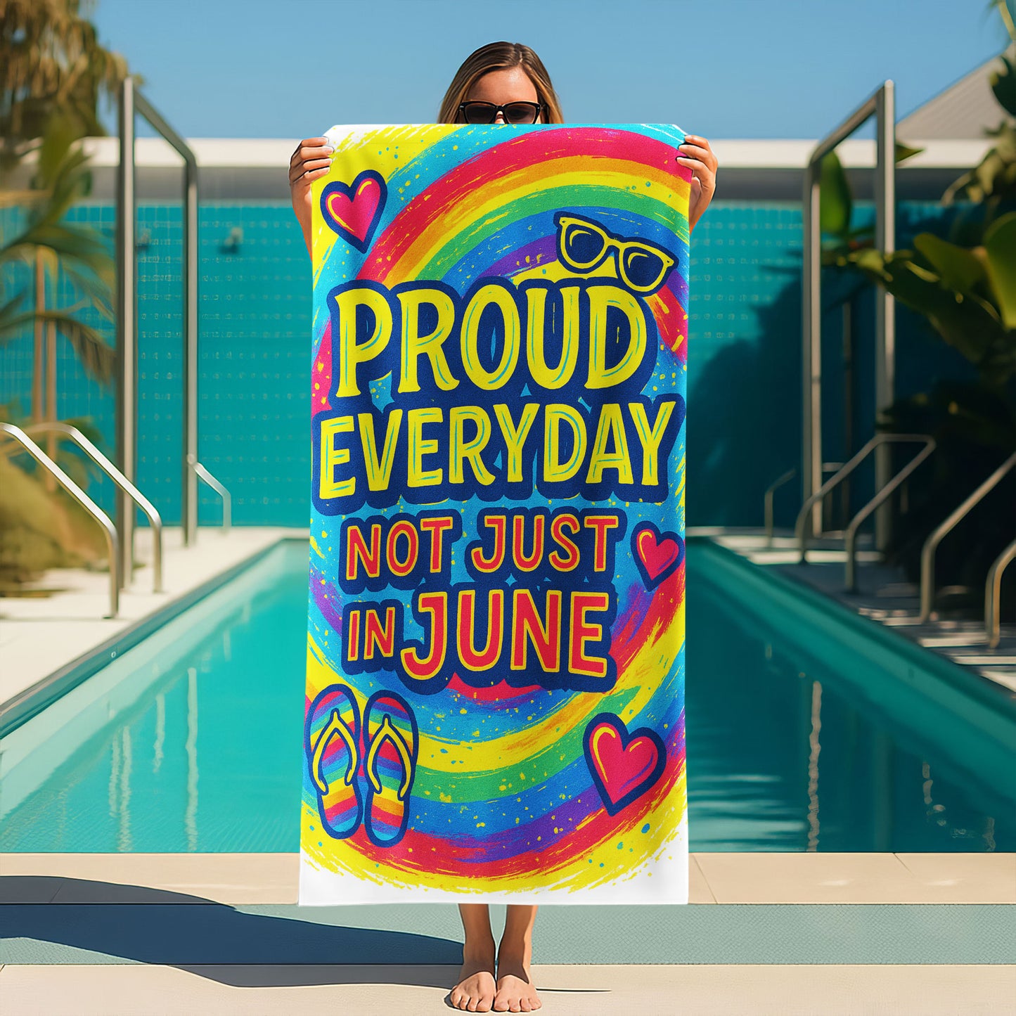 A person holding up a vibrant rainbow-colored beach towel with the bold yellow and pink text "PROUD EVERYDAY NOT JUST IN JUNE" along with hearts, sunglasses, and rainbow flip-flops, on a sunny beach.