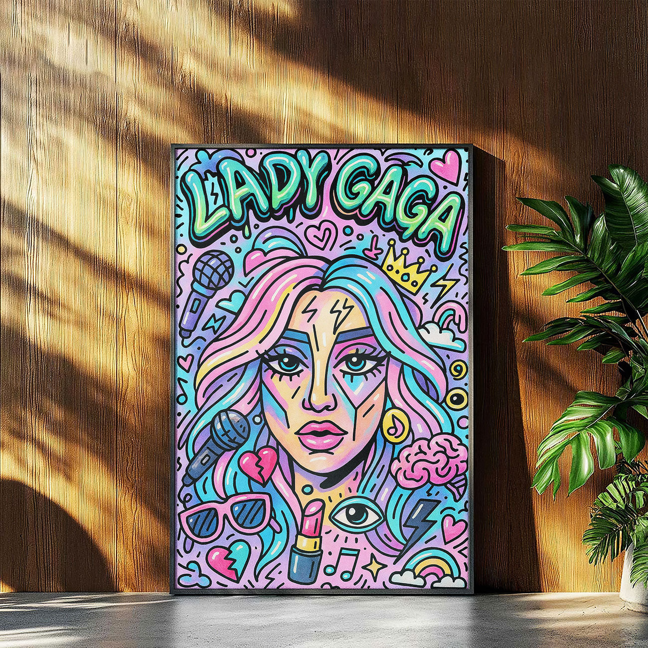 Vibrant pop art print featuring a stylized female music icon with colorful hair, a microphone, and musical symbols.