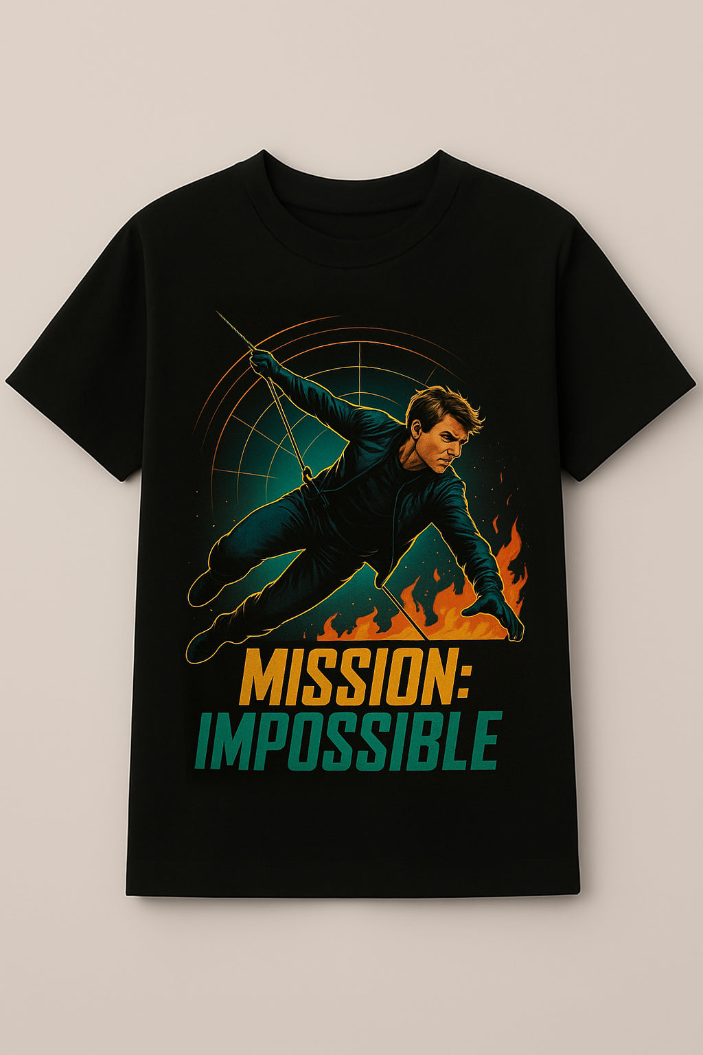 Unisex black graphic t-shirt with action rope climbing illustration and bold typography