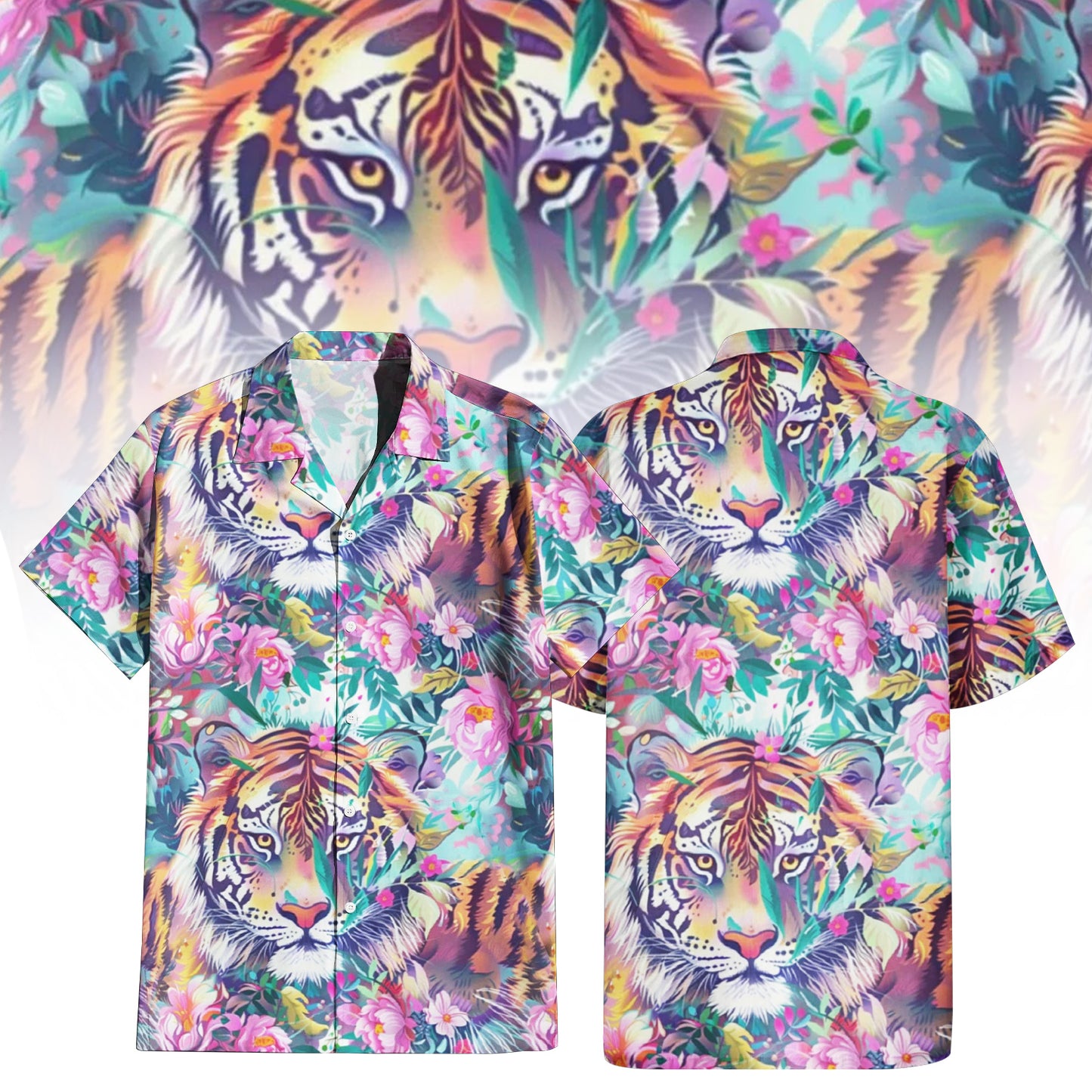 Vibrant Tropical Tiger Hawaiian Shirt for Men & Women with colorful tiger face print