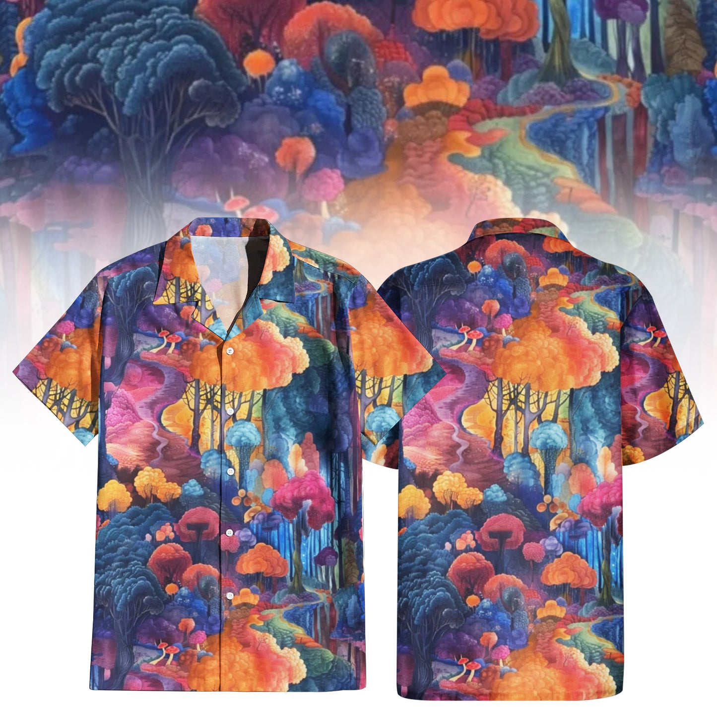 Watercolor Woods Enchanted Forest Hawaiian Shirt For Men Women - front and back view, showing a vibrant, artistic forest print with trees in blue, purple, orange, and pink watercolor style.