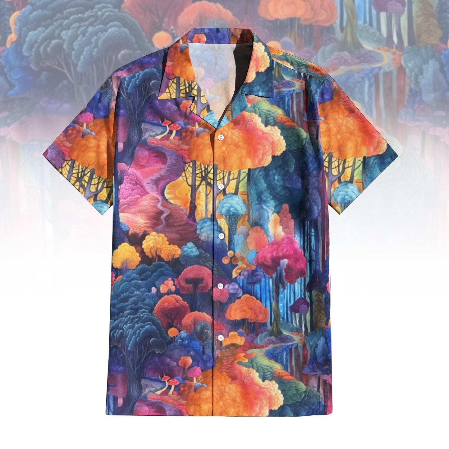 Watercolor Woods Enchanted Forest Hawaiian Shirt For Men Women - front and back view, showing a vibrant, artistic forest print with trees in blue, purple, orange, and pink watercolor style.