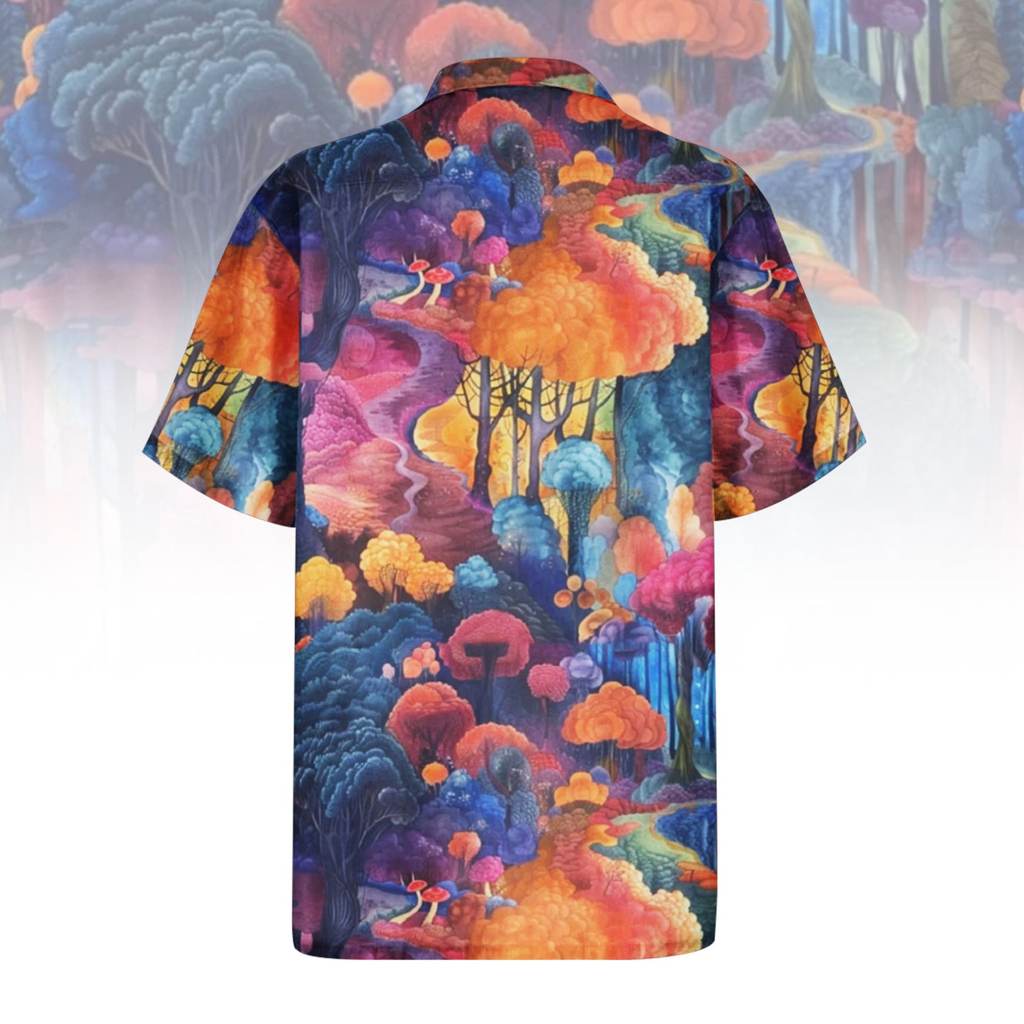 Watercolor Woods Enchanted Forest Hawaiian Shirt For Men Women - front and back view, showing a vibrant, artistic forest print with trees in blue, purple, orange, and pink watercolor style.