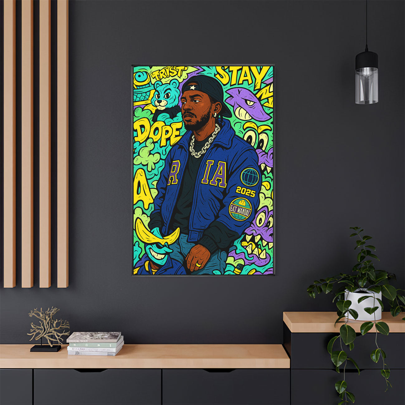 A vibrant urban art print titled "West Coast Vibes" featuring a person in a blue varsity jacket and baseball cap, surrounded by colorful graffiti-style elements.