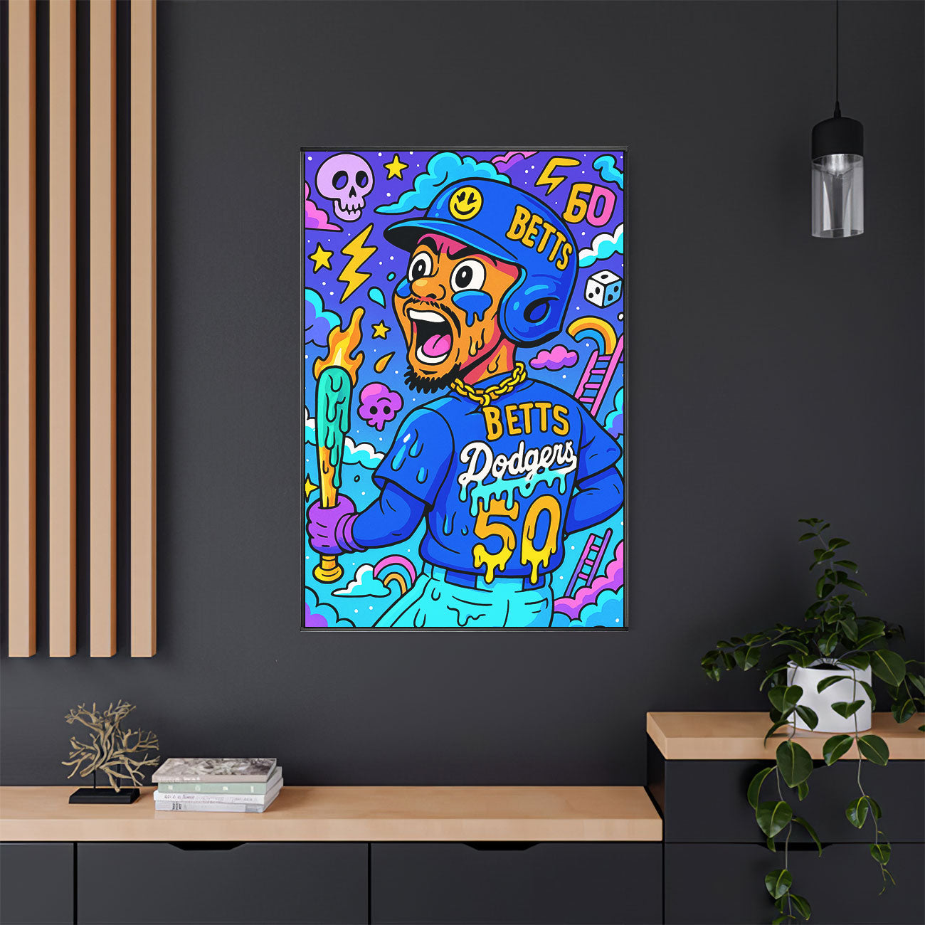 Vibrant pop art canvas print of a baseball player in a blue uniform with number 50, swinging a glowing bat, against a surreal background of clouds, lightning, and skulls.