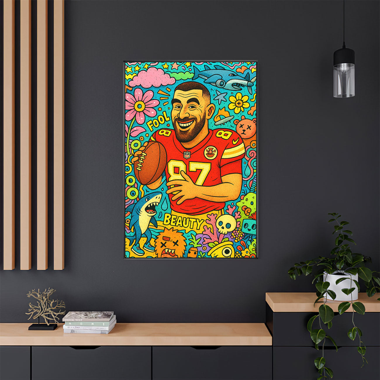 Abstract pop art canvas depicting a smiling male athlete in a red football jersey with number 87, holding a football, surrounded by colorful flowers, clouds, a shark, and whimsical cartoon elements in the style of Dxtr Art