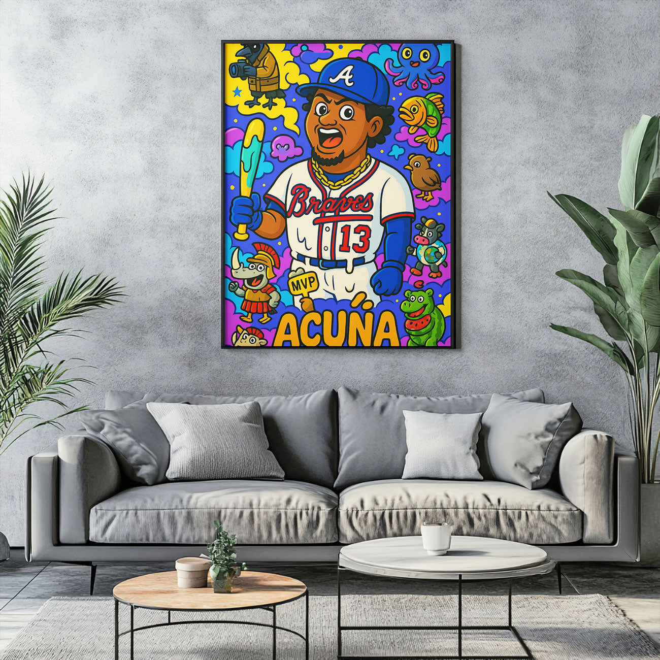 Vibrant pop art canvas print of a baseball player in a white and blue uniform with number 13, holding a bat, surrounded by colorful and whimsical cartoon characters