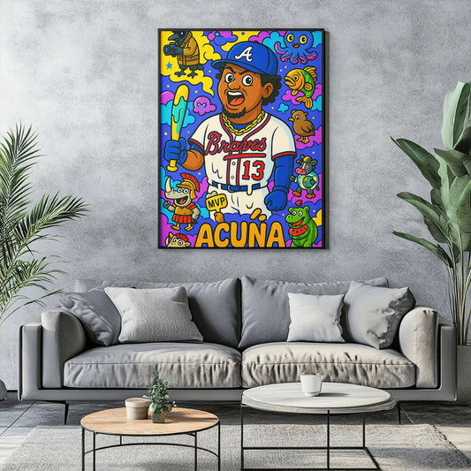 Vibrant pop art canvas print of a baseball player in a white and blue uniform with number 13, holding a bat, surrounded by colorful and whimsical cartoon characters