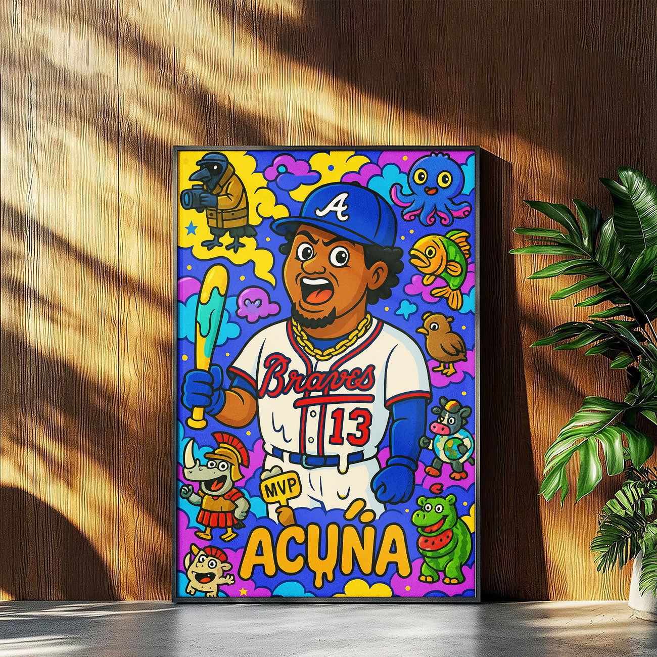 Vibrant pop art canvas print of a baseball player in a white and blue uniform with number 13, holding a bat, surrounded by colorful and whimsical cartoon characters