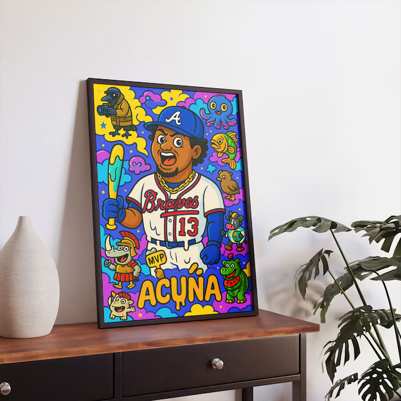 Vibrant pop art canvas print of a baseball player in a white and blue uniform with number 13, holding a bat, surrounded by colorful and whimsical cartoon characters