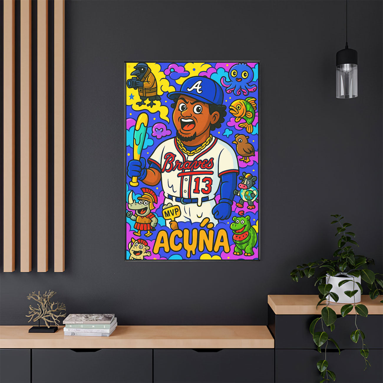 Vibrant pop art canvas print of a baseball player in a white and blue uniform with number 13, holding a bat, surrounded by colorful and whimsical cartoon characters