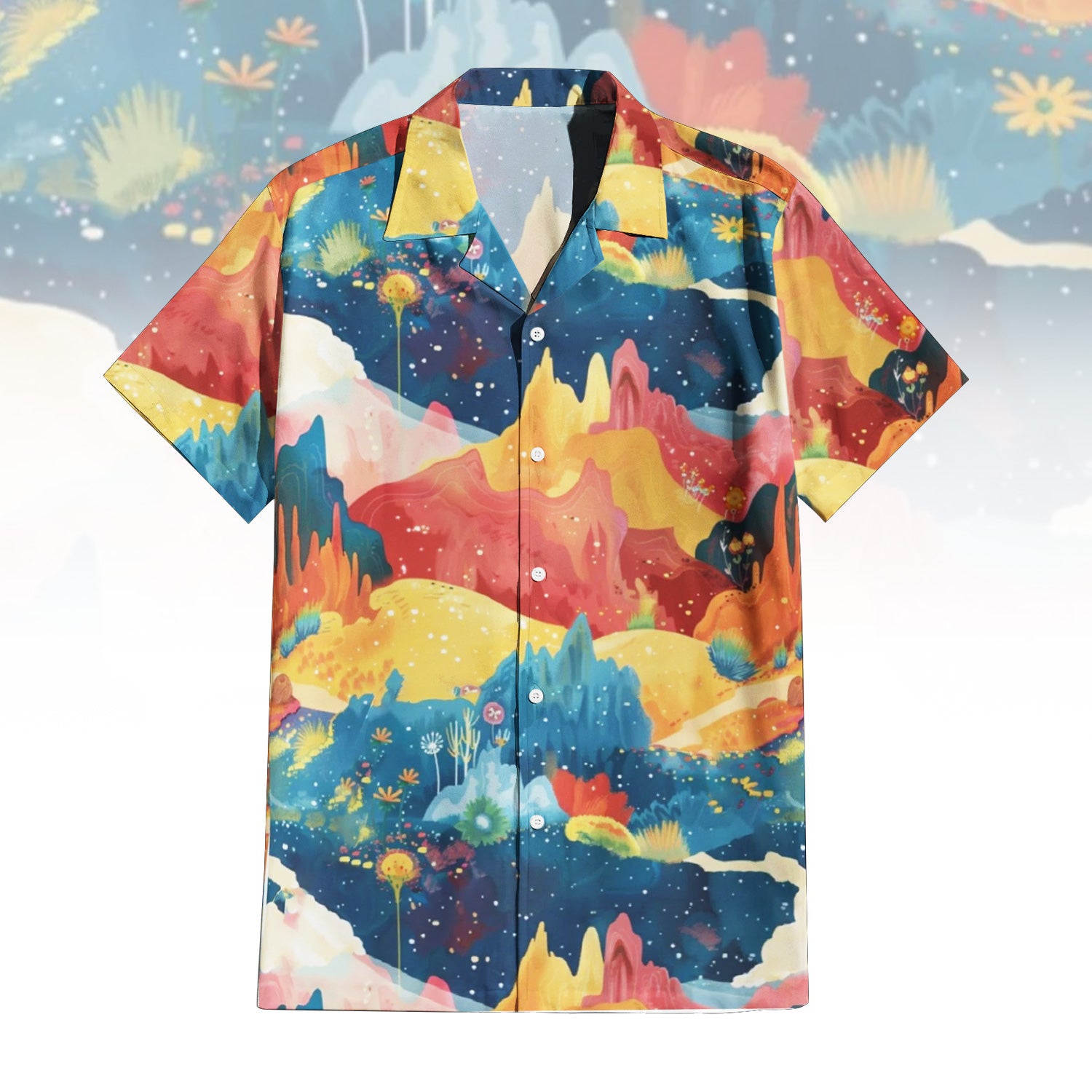 Autumn Whispers Hawaiian Shirt for men and women featuring a vibrant, abstract landscape print with colorful hills and a starry sky, shown from front and back.