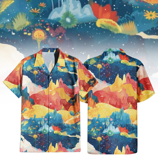 Autumn Whispers Hawaiian Shirt for men and women featuring a vibrant, abstract landscape print with colorful hills and a starry sky, shown from front and back.