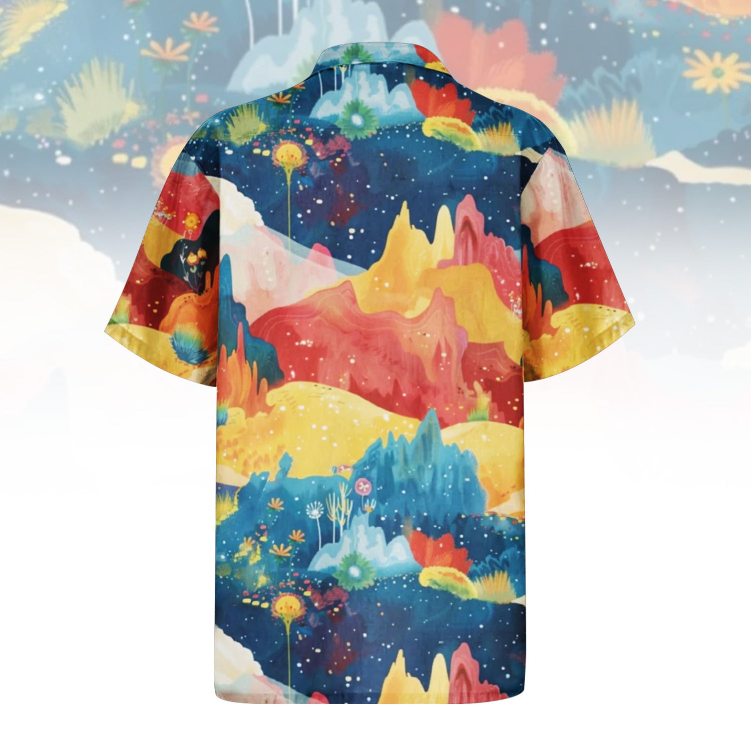 Autumn Whispers Hawaiian Shirt for men and women featuring a vibrant, abstract landscape print with colorful hills and a starry sky, shown from front and back.