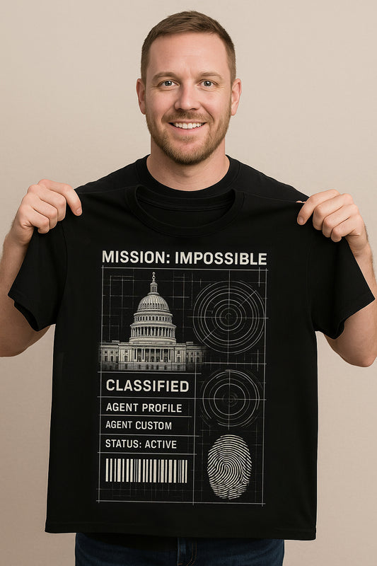 Black Graphic Cotton T-Shirt with Classified Mission Design for Adventure and Spy Enthusiasts