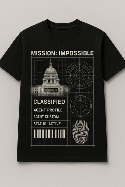 Black Graphic Cotton T-Shirt with Classified Mission Design for Adventure and Spy Enthusiasts
