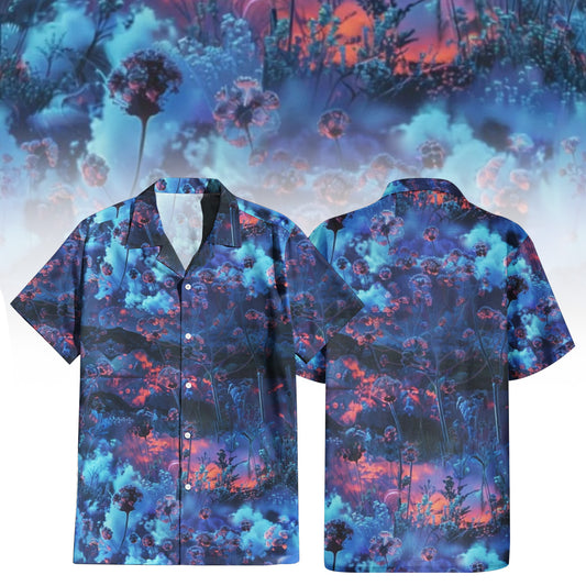 Blueberry Wishes Hawaiian Shirt For Men Women featuring a dreamy abstract floral print in blue, purple, and orange hues. Front and back view of the short-sleeve button-up shirt