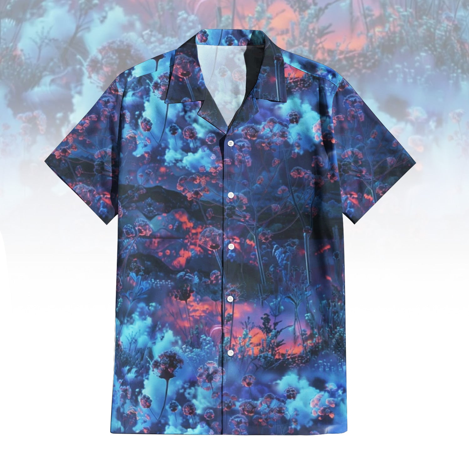 Blueberry Wishes Hawaiian Shirt For Men Women featuring a dreamy abstract floral print in blue, purple, and orange hues. Front and back view of the short-sleeve button-up shirt