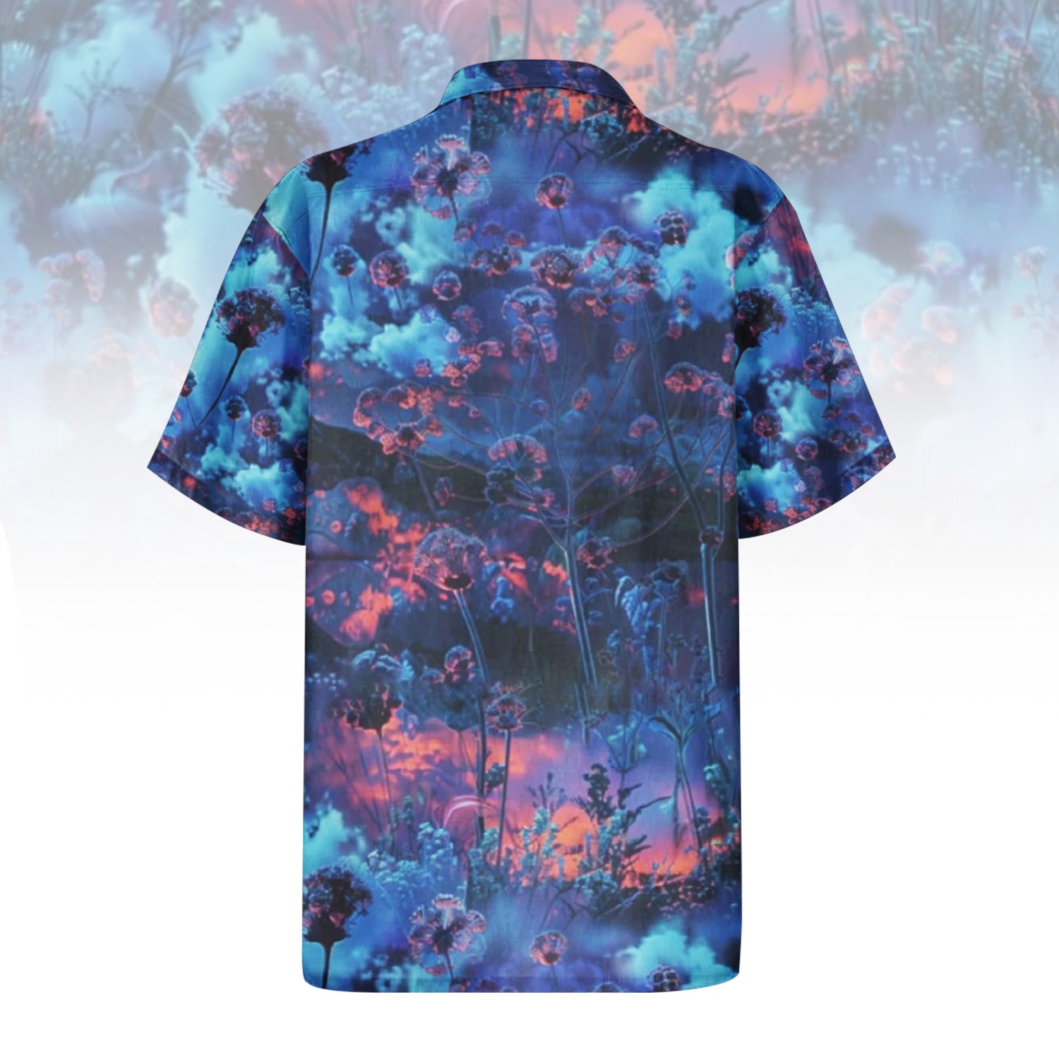 Blueberry Wishes Hawaiian Shirt For Men Women featuring a dreamy abstract floral print in blue, purple, and orange hues. Front and back view of the short-sleeve button-up shirt