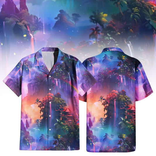 Chasing Waterfalls Hawaiian Shirt For Men Women featuring a vibrant fantasy landscape print with purple and blue waterfalls, lush mountains, and a sunset sky. Front and back view of the short-sleeve button-up shirt