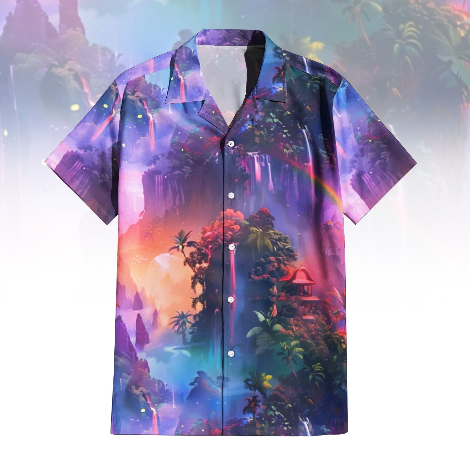 Chasing Waterfalls Hawaiian Shirt For Men Women featuring a vibrant fantasy landscape print with purple and blue waterfalls, lush mountains, and a sunset sky. Front and back view of the short-sleeve button-up shirt