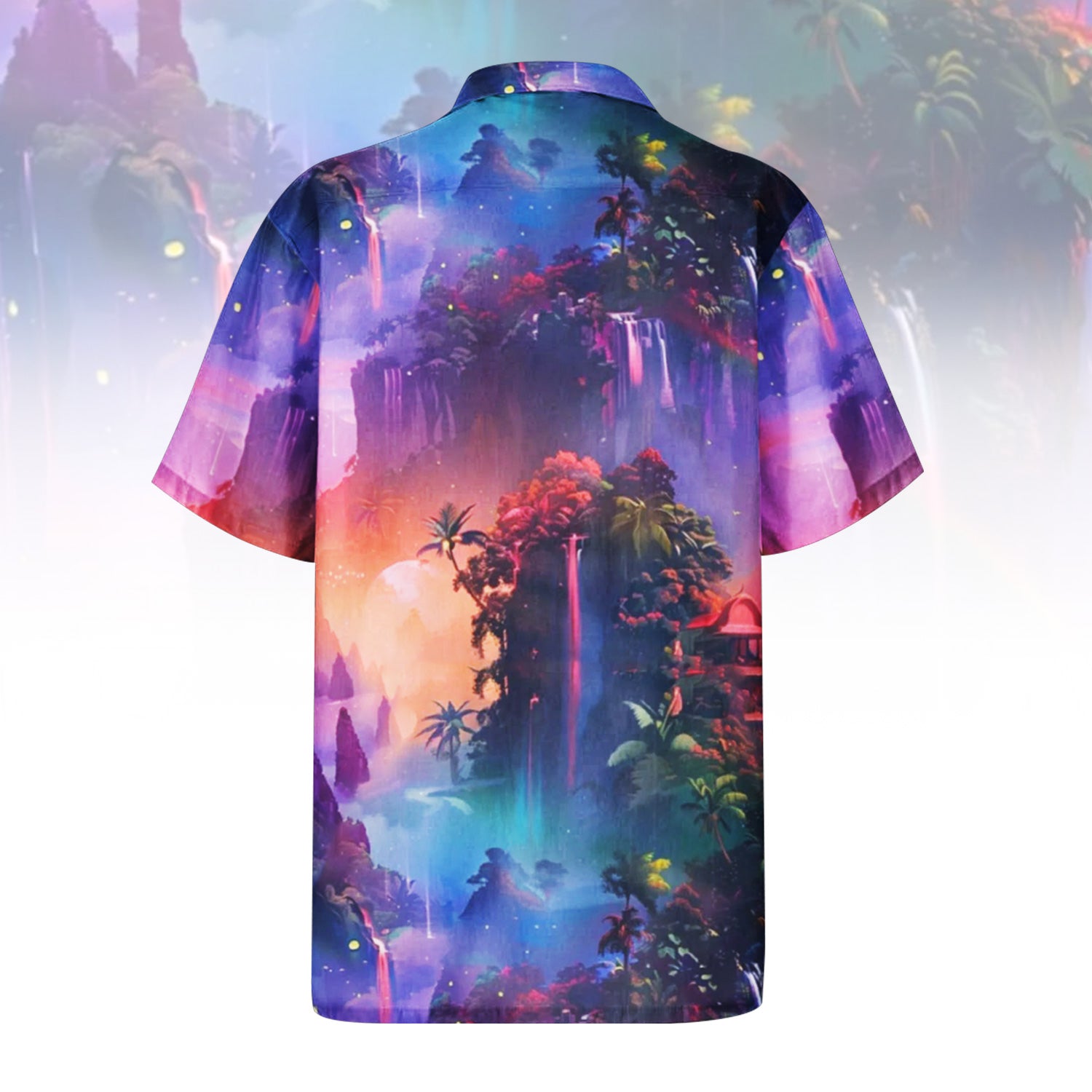 Chasing Waterfalls Hawaiian Shirt For Men Women featuring a vibrant fantasy landscape print with purple and blue waterfalls, lush mountains, and a sunset sky. Front and back view of the short-sleeve button-up shirt