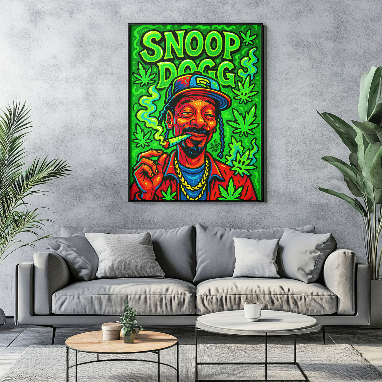 Colorful pop art canvas featuring hip-hop figure with cannabis leaves in green and red tones, hung in modern living room setting.