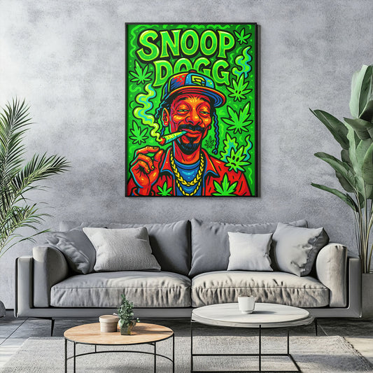 Colorful pop art canvas featuring hip-hop figure with cannabis leaves in green and red tones, hung in modern living room setting.