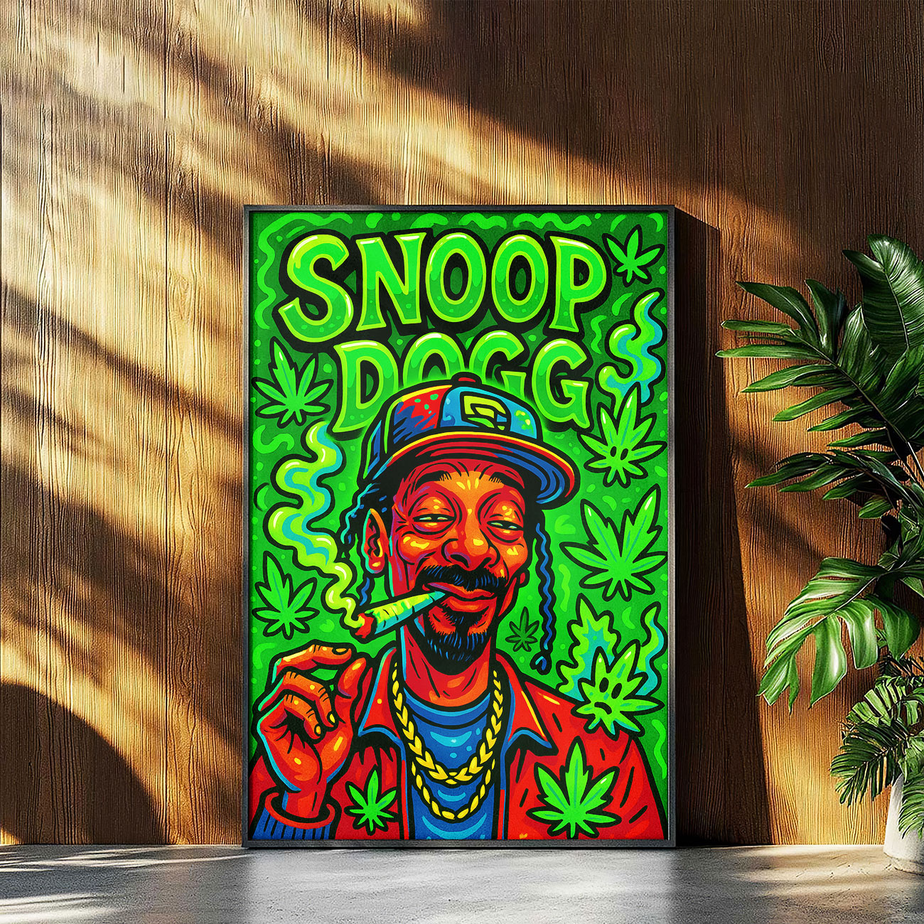 Colorful pop art canvas featuring hip-hop figure with cannabis leaves in green and red tones, hung in modern living room setting.

