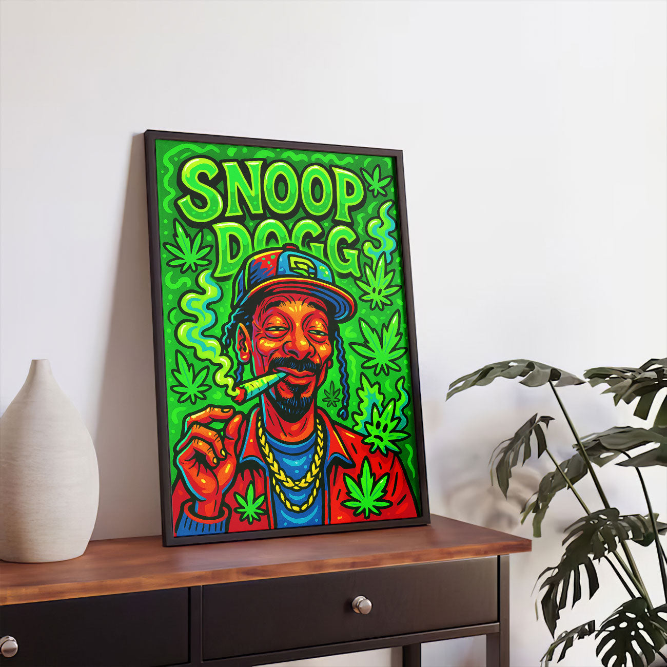 Colorful pop art canvas featuring hip-hop figure with cannabis leaves in green and red tones, hung in modern living room setting.

