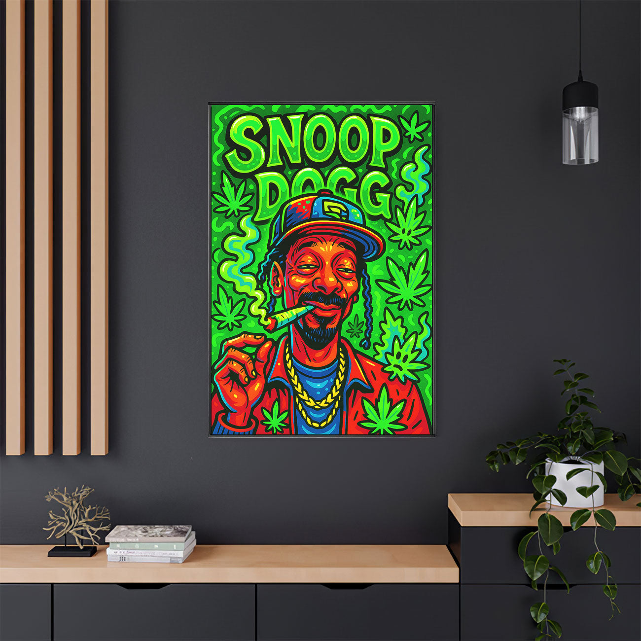 Colorful pop art canvas featuring hip-hop figure with cannabis leaves in green and red tones, hung in modern living room setting.

