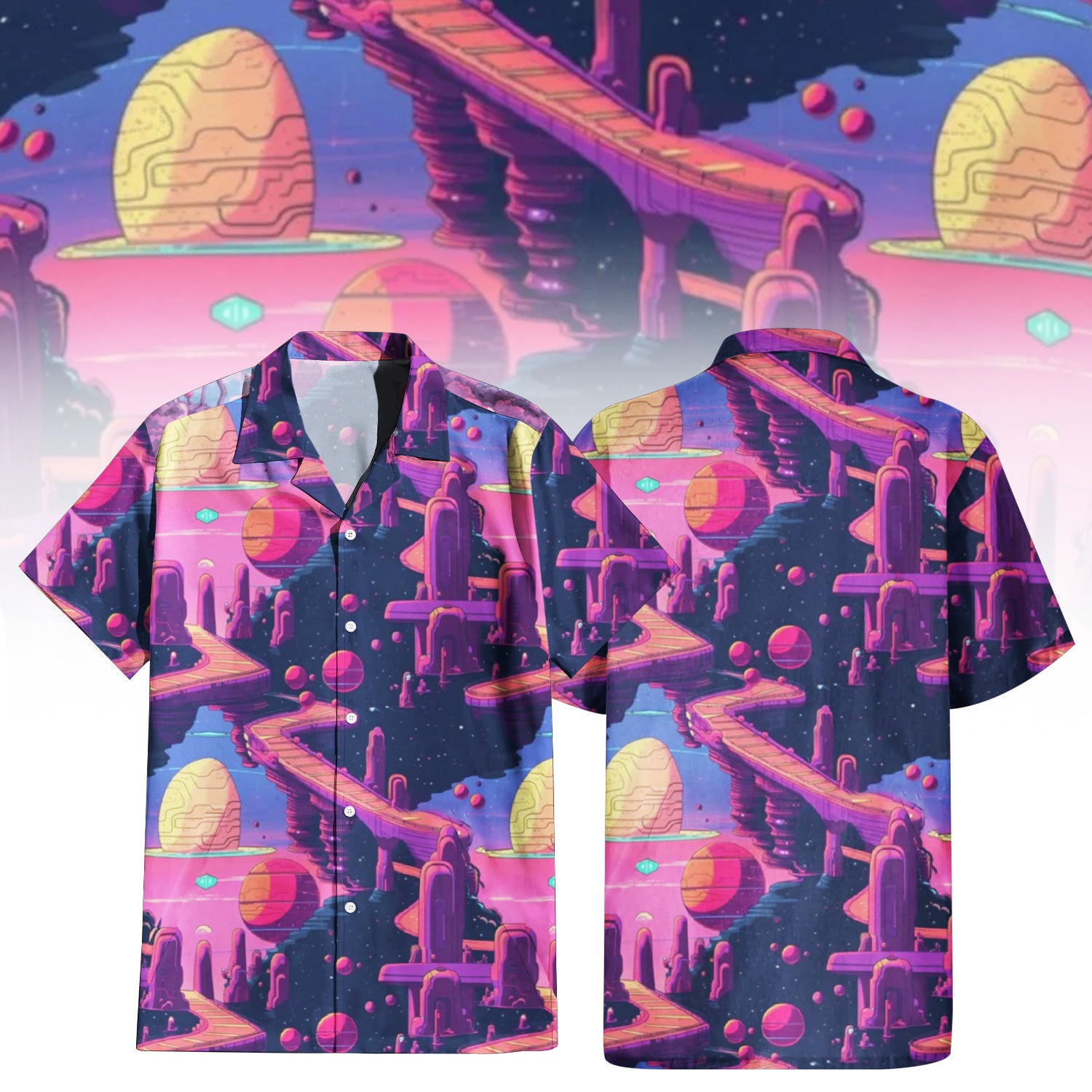 Cosmic Cityscape Hawaiian Shirt for Men & Women with vibrant alien architecture print