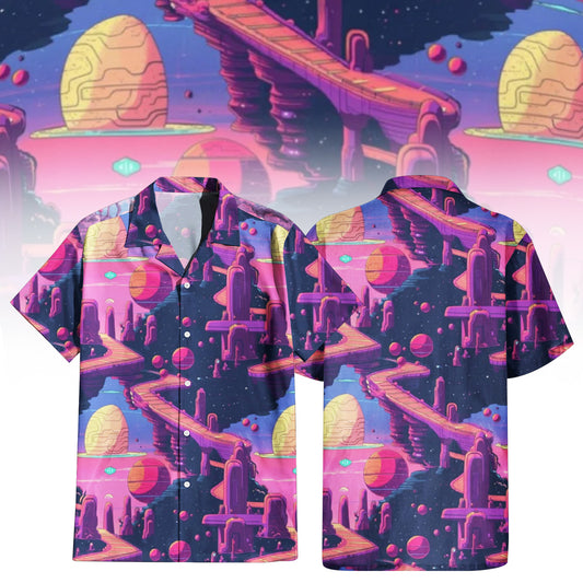 Cosmic Cityscape Hawaiian Shirt for Men & Women with vibrant alien architecture print