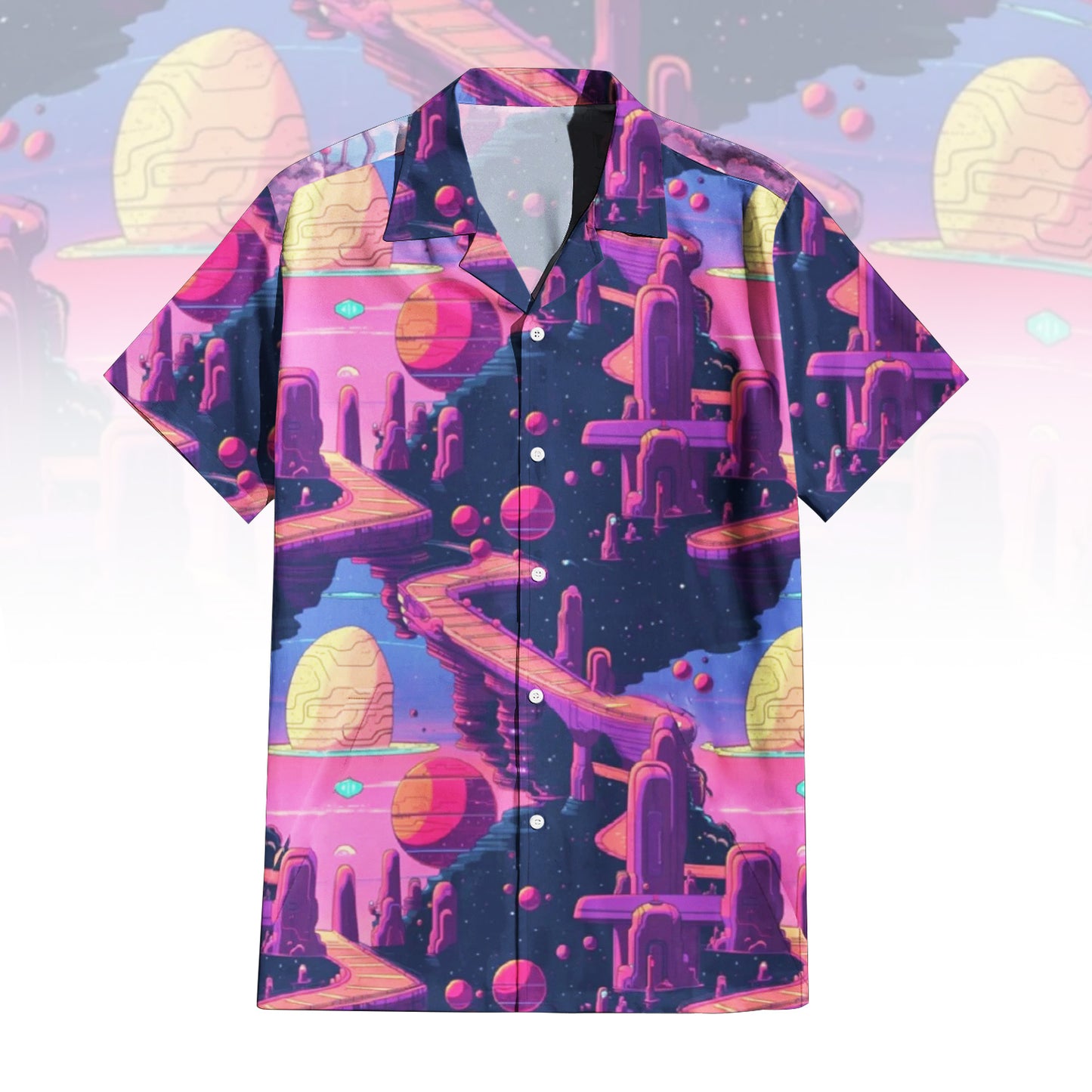 Cosmic Cityscape Hawaiian Shirt for Men & Women with vibrant alien architecture print