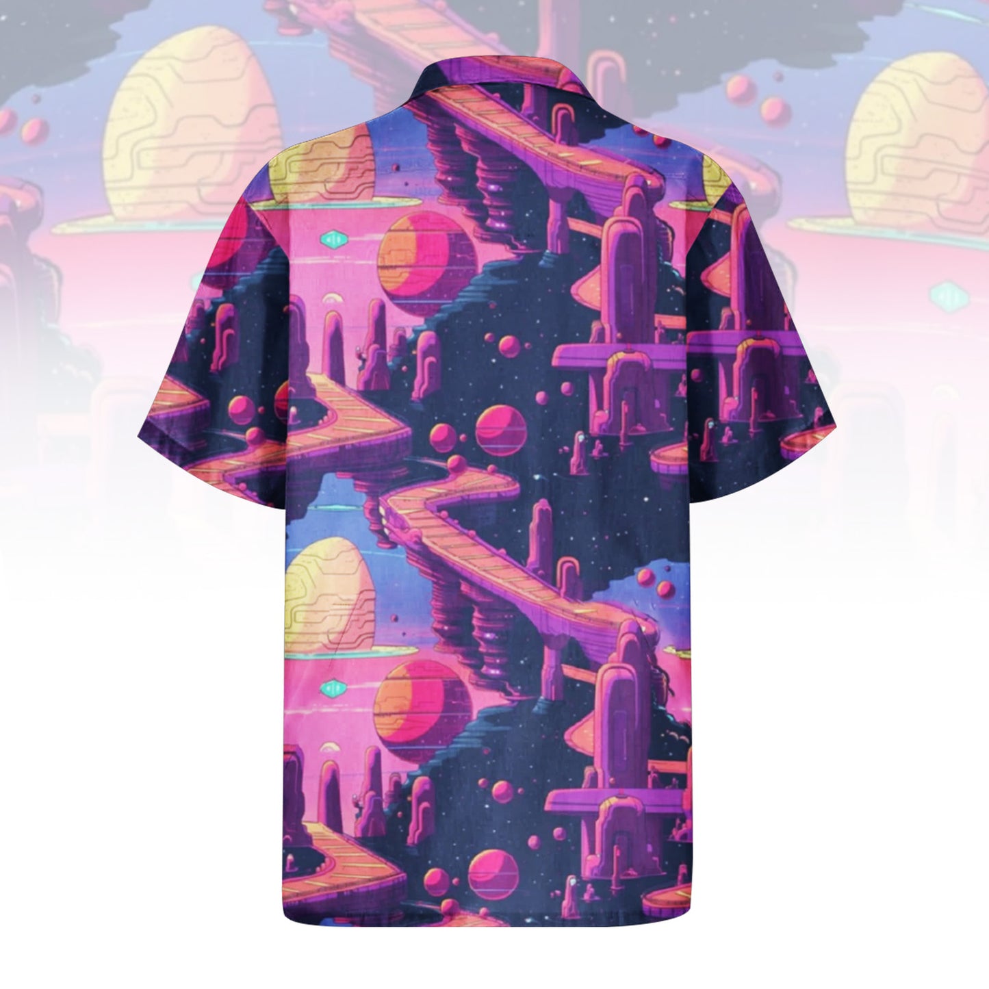 Cosmic Cityscape Hawaiian Shirt for Men & Women with vibrant alien architecture print