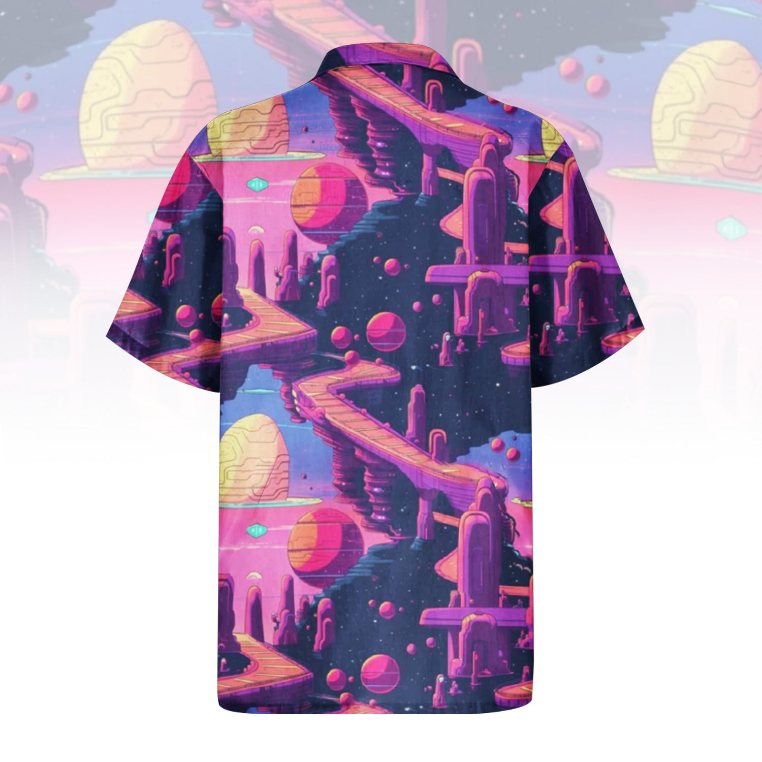 Cosmic Cityscape Hawaiian Shirt for Men & Women with vibrant alien architecture print