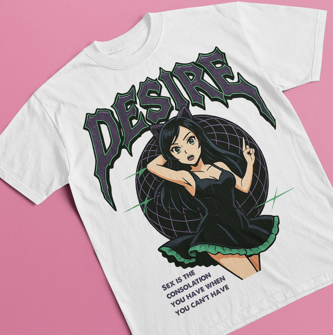 White graphic t-shirt with "DESIRE" text, dark anime girl with cat ears, and a philosophical quote