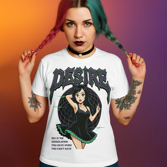 White graphic t-shirt with "DESIRE" text, dark anime girl with cat ears, and a philosophical quote