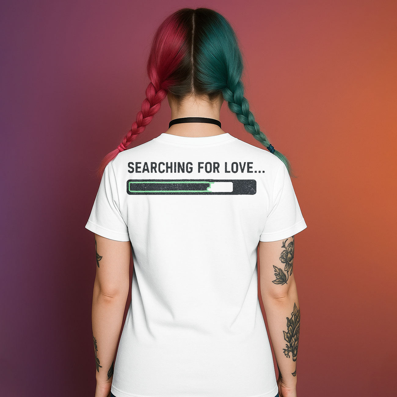 Back of white graphic t-shirt with "SEARCHING FOR LOVE..." text and a loading bar