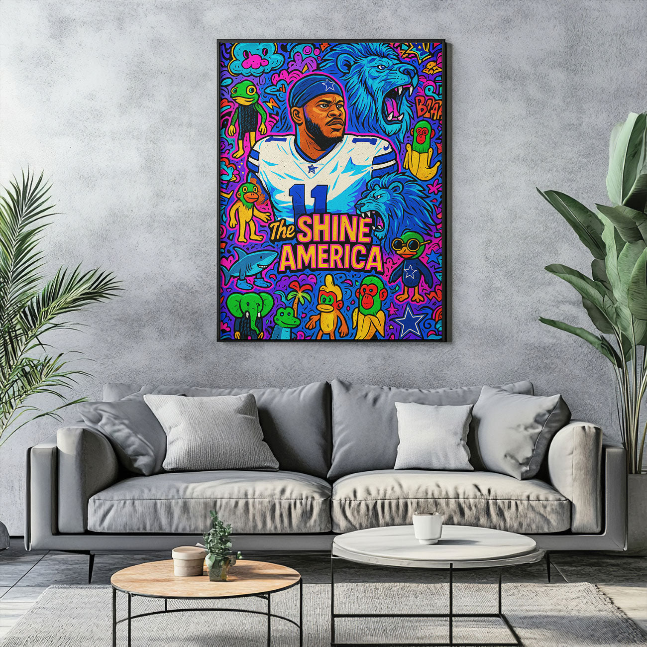Vibrant pop art canvas print of a football player in a blue and white uniform with number 11, surrounded by colorful cartoon blue lions, monkeys, and various whimsical symbols, with "THE SHINE AMERICA" text