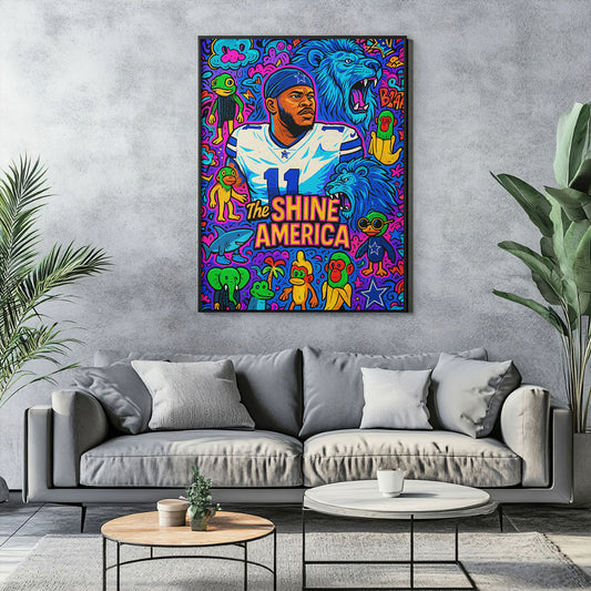 Vibrant pop art canvas print of a football player in a blue and white uniform with number 11, surrounded by colorful cartoon blue lions, monkeys, and various whimsical symbols, with "THE SHINE AMERICA" text